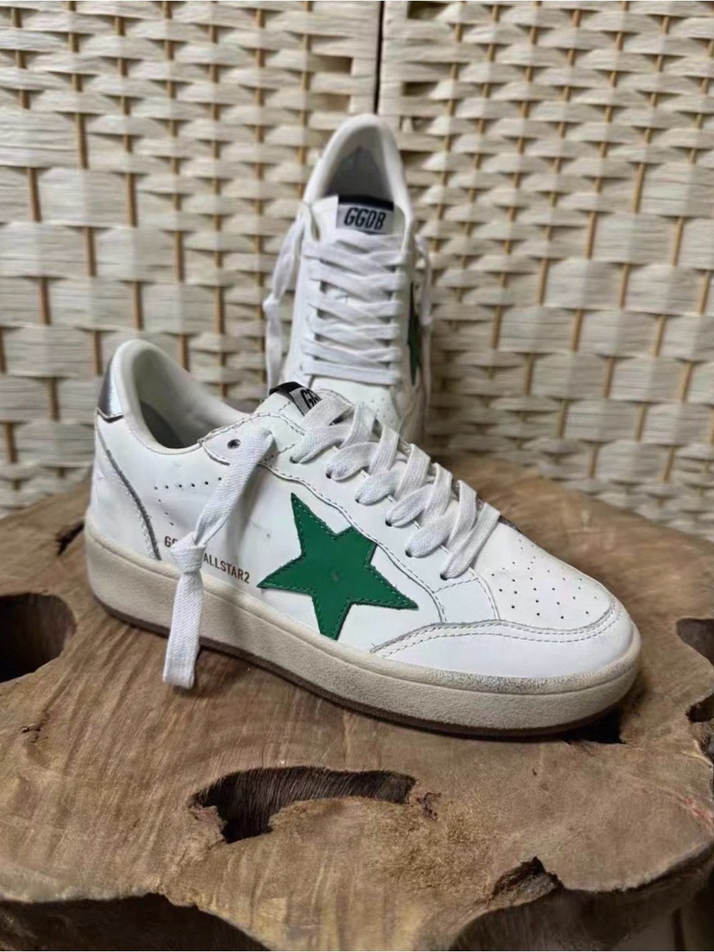 Golden Goose White Sneakers with Green Star Accent